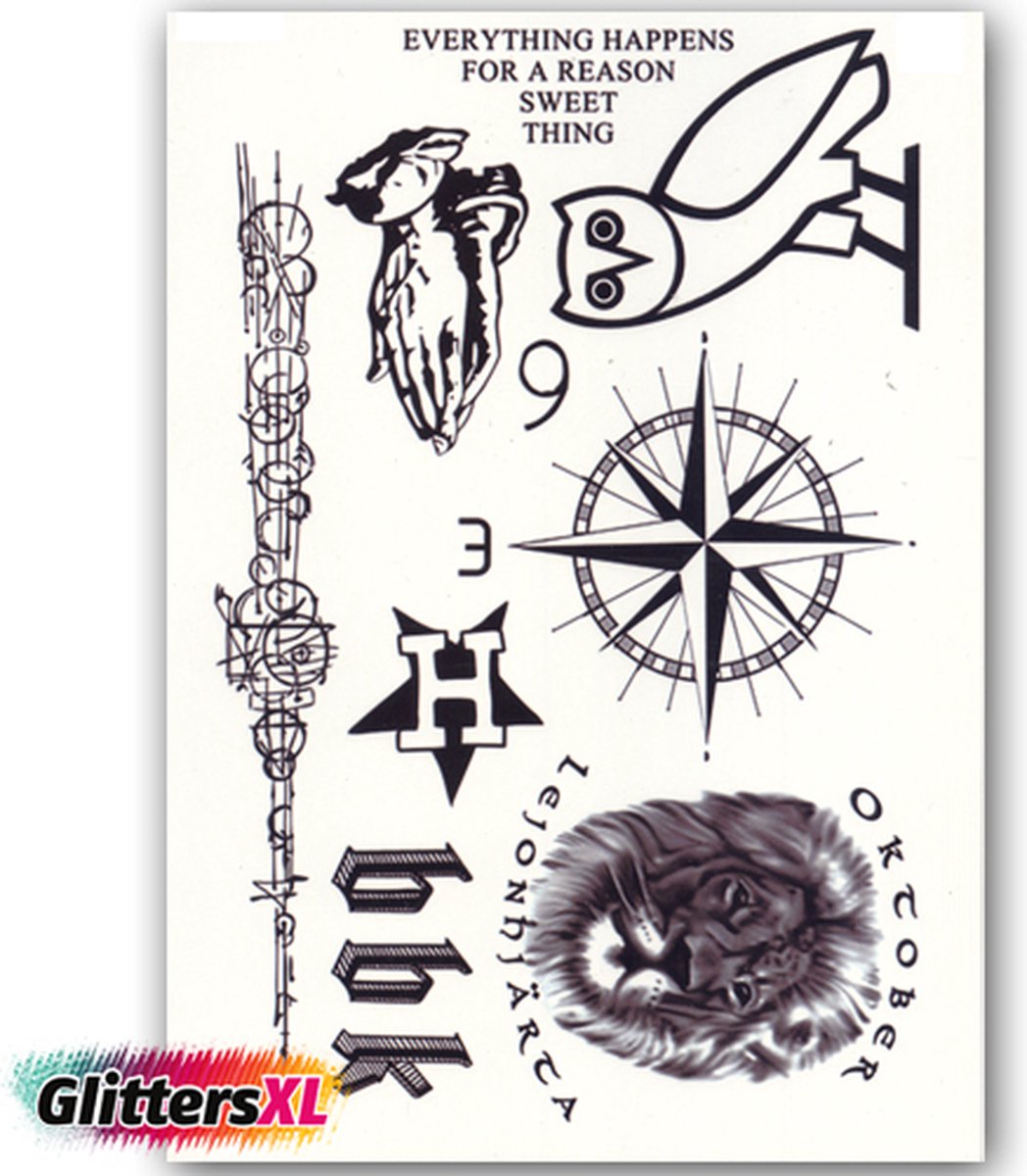 GlittersXL - Temporary Tattoo Kompas/Uil/Drake (A5 formaat) [Neptattoo - Tijdelijke tatoeage - Nep Fake Tattoos - Water overdraagbare festival sticker henna outfit tattoo - Glitter tattoo - Volwassenen Kinderen Jongen Meisje]